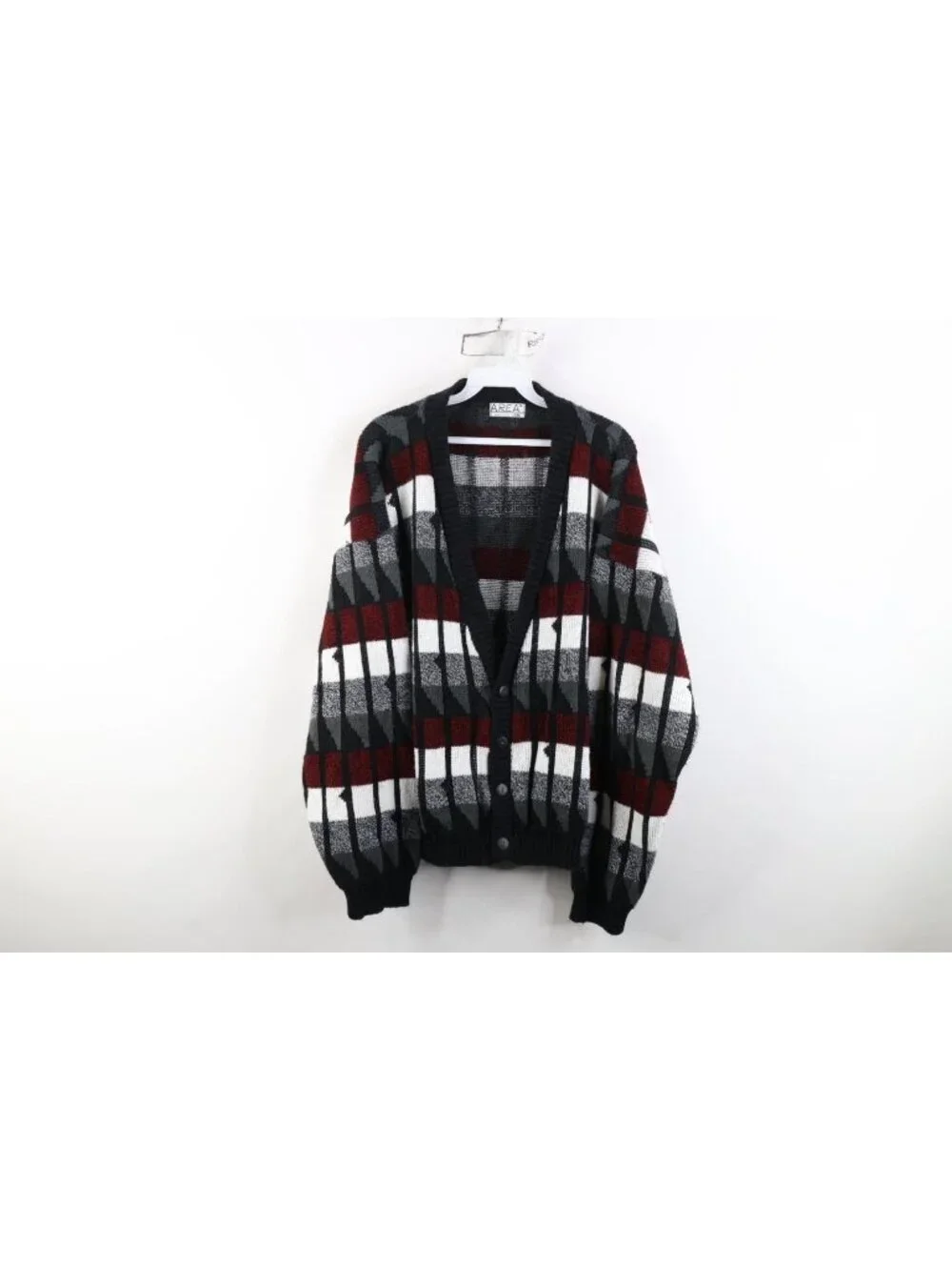 Vintage 90s Streetwear Mens Medium Geometric Striped Knit Cardigan Sweater USA